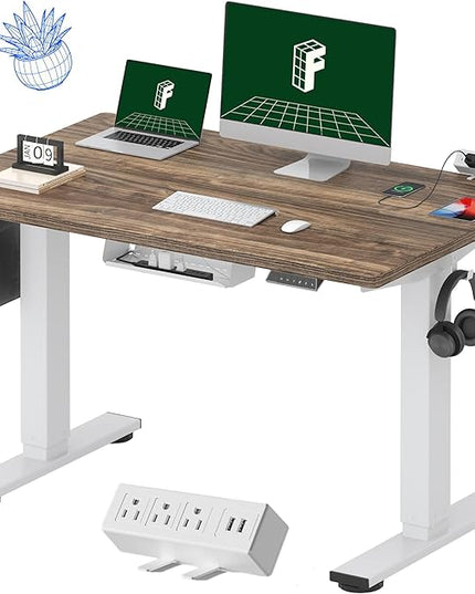 FLEXISPOT EN2 Whole-Piece Standing Desk with Clamp Power Strip, 48 x 30 Electric Stand Up Height Adjustable Desk with Cable Management (White Frame + 48" Black Walnut Desktop, 2 Packages)