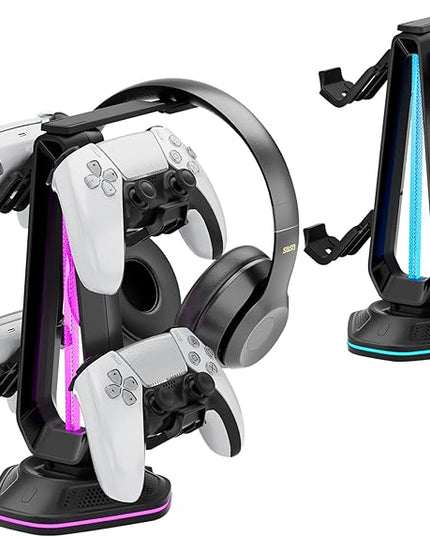 Saitake RGB Controller Holder with 9 Light Modes,Controller Stand with 2 USB Ports,Headset Stand for Desk-Headphone Holder Suitable for All Headphones and Controllers