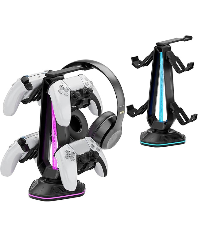 Saitake RGB Controller Holder with 9 Light Modes,Controller Stand with 2 USB Ports,Headset Stand for Desk-Headphone Holder Suitable for All Headphones and Controllers