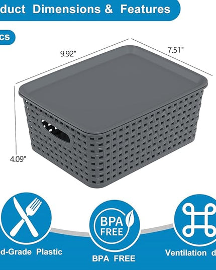 Zopnny 8 Pack Plastic Shelf Organizer Baskets, Small Weave Storage Basket with Lid, Gray