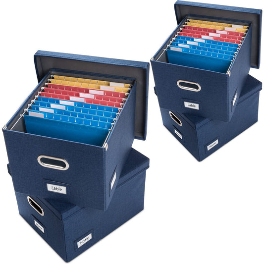 PRANDOM File Organizer Box - Set of 4 Collapsible Decorative Linen Filing Storage Hanging File Folders with Lids Office Cabinet Letter/Legal Size Navy Blue 17.1x14x11.1 inch
