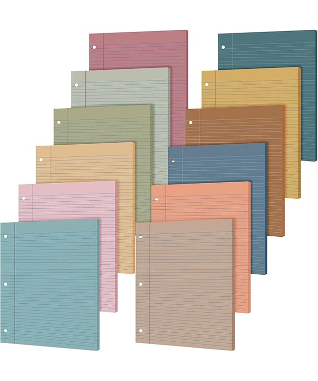 PerKoop 600 Sheets Colored Loose Leaf Paper 8.5" x 11" college ruled Lined 3 Hole Punched notebook Filler Paper for 3 Ring Binders Office School Supplies (Muted Colors)
