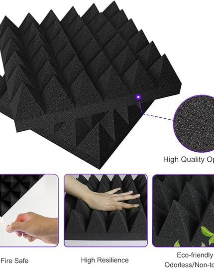 TroyStudio Thick Acoustic Foam Panels, 12 X 12 X 3 Inch, 12 Pcs Broadband Sound Absorbing, Dense Soundproof Padding Tile, Recording Studio Foam Absorber, Pyramid Decorative 3D Wall Ceiling Panel