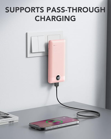 VRURC Portable Charger Built-in Cables and AC Wall Plug,USB C Power Bank 10000mAh, Travel Essentials Phone Charger Compact Lightweight External Battery Pack for Smart Phones, Tablets etc-Pink