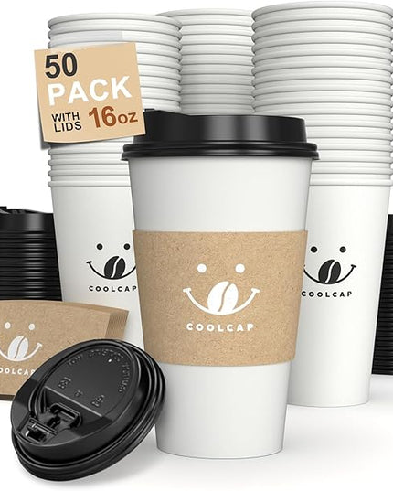 Coolcap Coffee Cups with Lids and Sleeves, 16 oz 50 pack To Go Cups with Lids, Paper Hot Coffee Cups for Hot & Cold Beverage (White, 16 oz)