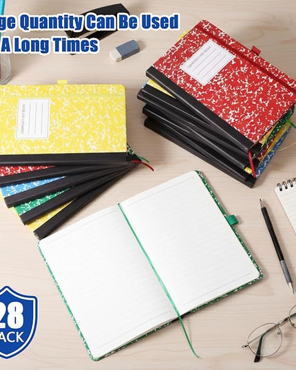 Laumoi 28 Pack PU Leather Lined Notebook Journal Bulk A5 Hardcover Notebook College Ruled 5.5 x 8.2 Inch Journal with Pen Holder for School Business Work Writing (Red, Green, Blue, Yellow,Marble)