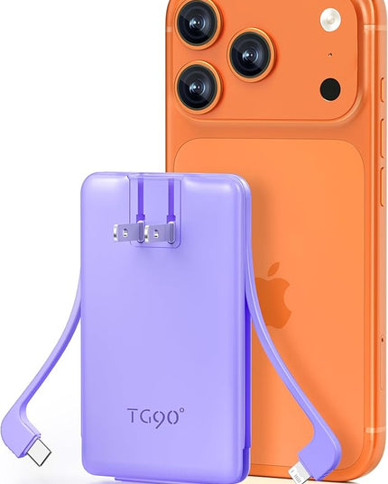 TG90° 5000mAh Portable Charger Built-in AC Wall Plug and Cables, Pocket Size Power Bank, Slim Fast Charging External USB C Battery Pack Compatible with iPhone 17 16 15 14 13 12 Samsung Google iPad