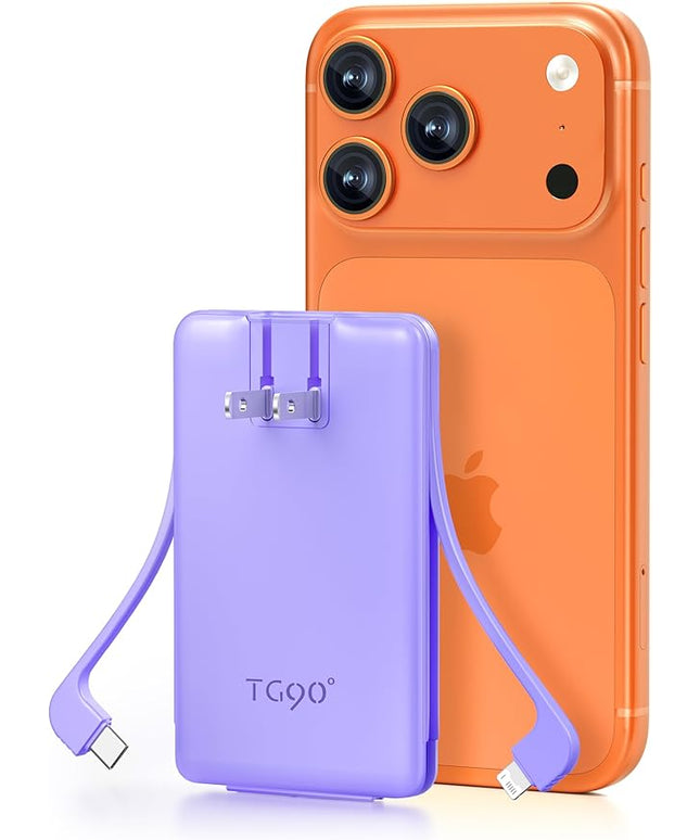 TG90° 5000mAh Portable Charger Built-in AC Wall Plug and Cables, Pocket Size Power Bank, Slim Fast Charging External USB C Battery Pack Compatible with iPhone 17 16 15 14 13 12 Samsung Google iPad