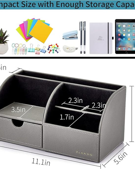 Vlando Office Desk Organizer Leather Desktop Organizer Caddy with Drawer for Storing Desktop Supplies and Accessories (Grey)