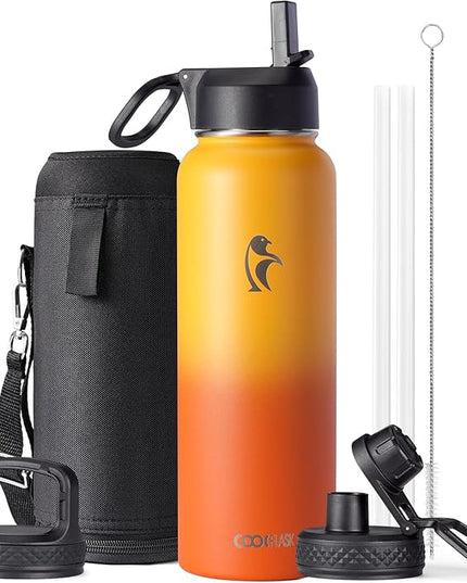 Water Bottle 40 oz Insulated with Straw&Brush, Coolflask Vaccum Stainless Steel Metal 3 Lids Water Flask for Sports, Gym or Office, Keep Cold 48H Hot 24H, Ombre Yellow/Orange