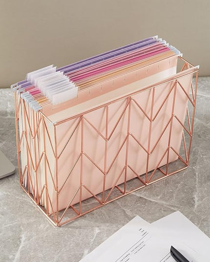 Beramon 1 Pack Rose Gold Hanging Folder Desk Organizer Decorative Organizer Metal Wire Baskets Suitable for Hanging file folder Design for Home Offices Supplies, 9.4 X 11.8 Inch