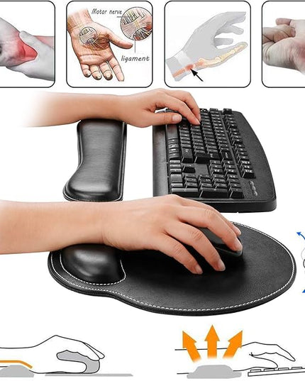 RICHEN Ergonomic PU Leather Keyboard Wrist Rest and Mouse Pad with Wrist Support, Memory Foam Set for Computer/Laptop,Gaming and Office, Comfortable for Easy Typing & Pain Relief (PU Black)