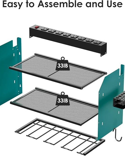 CCCEI Modular Power Tool Organizer Wall Mount with Charging Station. Garage Drill Storage Shelf with Hooks, Heavy Duty Rack, Tool Battery Holder Built in 8 Outlet. Gift for Men. Navy Blue, 2 Pack.