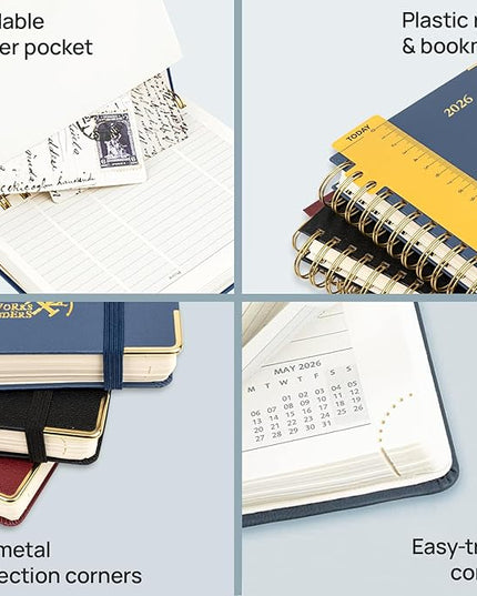 POPRUN 2026 Daily Planner One Page A Day - [8.5" x 5.75" Wire-Bound Hard Cover] Agenda 2026 Hourly Appointment Book with Monthly Calendar, Inner Pocket, Ivory Paper - Haze Blue