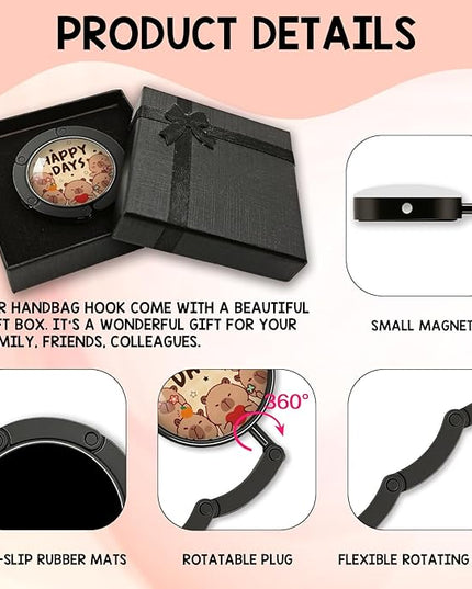 YAZMEEN Cute Capybara Foldable Purse Hook for Table, Happy Days, Women's Handbag Hanger Holder, Portable Purse Table Hanger, Funny Desk Hook Gifts for Mom Wife Sister Friend Bestie Capybara Lovers