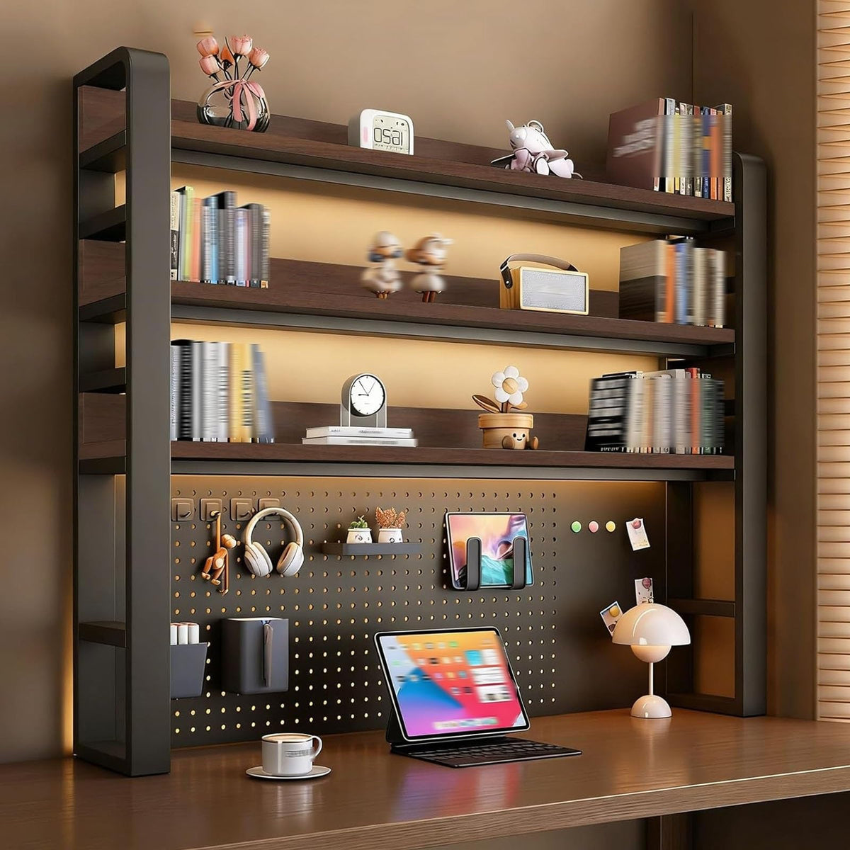 2/3/4 Tier Desktop Bookshelf with Pegboard and Storage Parts, Metal Desktop Organizer Hutch, Desk Shelves for Top of Desk, Shelf Organizer Display Rack for Dorm Home(Black+Brown,4-tier L45.2in)
