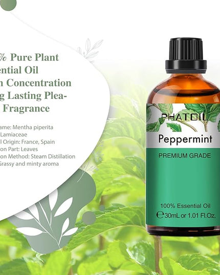 Peppermint Essential Oil, 1.01Fl.Oz (30ML) PHATOIL Pure Essential Oil Singles for Aromatherapy Diffusers, Humidifiers, Great for DIY Candle and Soap Making, Gift for Friend