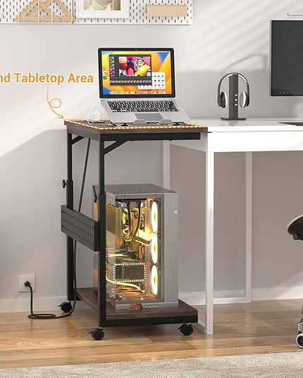 Computer Tower Stand with Power Strips, 4 Levels Manual Height Adjustable PC Tower Stand for Under Desk, Mobile Rolling CPU Holder, Computer Cart with Wheels, 24", Black Walnut