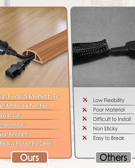 Floor Cord Cover for Wires on Floor Self Adhesive Cord Hider Floor Cable Management Wire Covers for Cords Protector Prevent Cable Trips Cord Cavity W 0.51" x H 0.31", Brown Wood, 3.3Ft