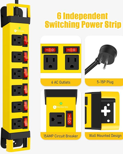 Heavy Duty Power Strip,6 Outlets Metal Power Strip with Individual Switch & Cord Management,Mountable Surge Protector 1200J,10FT Extension Cord(Yellow,10 FT)