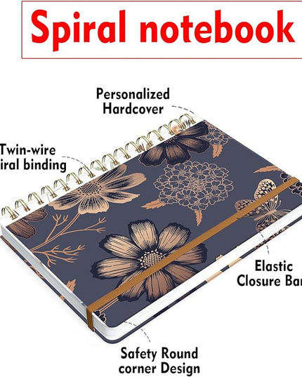 Spiral Journal Notebook for Women, Hardcover A5 College Ruled Notebook, 120 Pages, Thick Paper, Cute Lined Journal for School, Office & Work, 6 x 8.4 in(Vintage Gold Flowers)