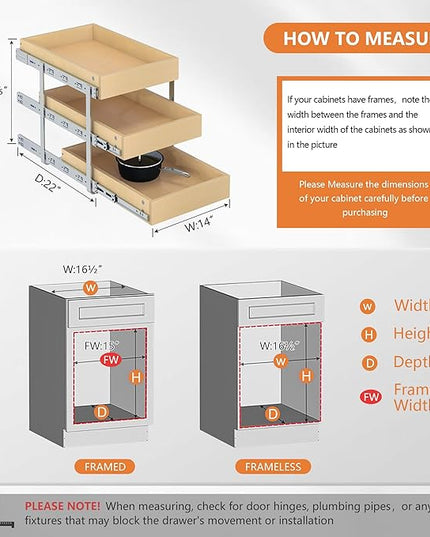 WelFurGeer 3-Tier Pull Out Cabinet Organizer with Soft Close, Heavy-Duty Slide Out Drawers for Cabinets, Pull Out Drawers for Cabinets, Bottom Mount Shelves for Kitchen, Pantry, Bathroom