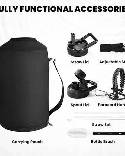 One Gallon Water Bottle Insulated, Triple Walled Vacuum Stainless Steel (Cold for 48 Hrs), Leak Proof & Non-BPA, Large Water Flask Jug with Paracord Handle & Straw Spout Lids