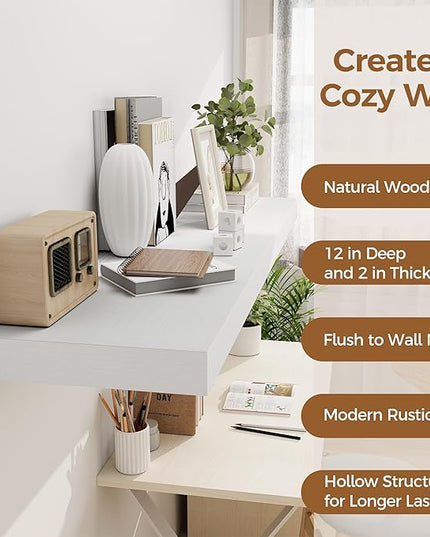 White Floating Shelves 48 Inch Long, 12 Inch Deep Floating Shelves for Wall, 48 x 12 Large Wall Shelves for Home Storage & Display, 2" Thicked Floating Shelf for Bedroom, Living Room, 1 Pack
