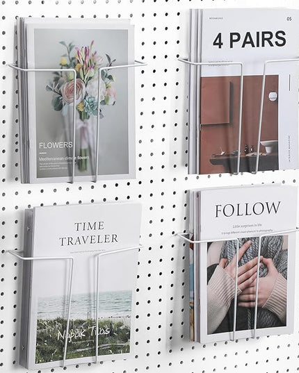 4 Pair Pegboard Display Shelves Expandable Width Metal Magazine Holder Hanging Wall File Organizer Pegboard Accessories Wall Decor for Pantry Exhibitions Trade Show Retail Store(White)