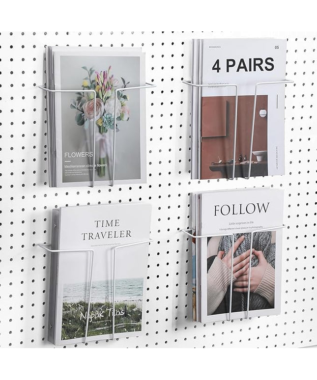 4 Pair Pegboard Display Shelves Expandable Width Metal Magazine Holder Hanging Wall File Organizer Pegboard Accessories Wall Decor for Pantry Exhibitions Trade Show Retail Store(White)