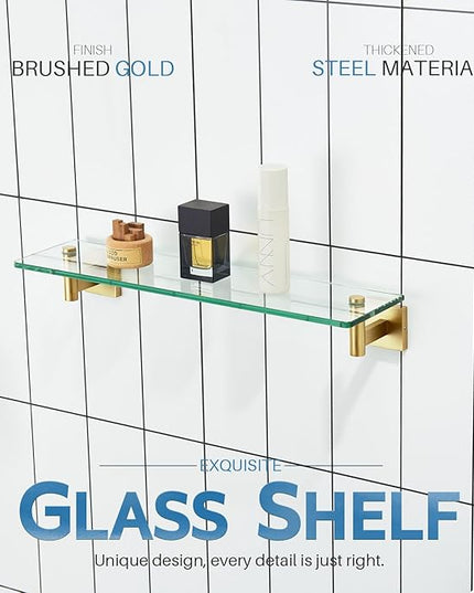 KOKOSIRI Wall Shelves Floating Shelf 20-Inch Stainless Steel Bathroom Hardware Tempered Glass Kitchen Hanging for Storage/Room Decor Gold B1105BG-L20