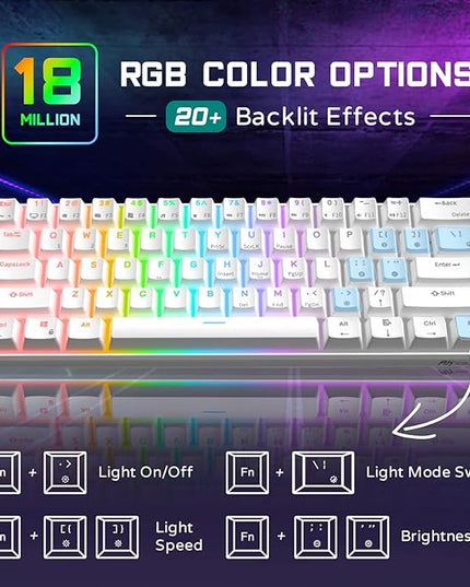 RK ROYAL KLUDGE RK61 60% Gaming Keyboard, Wired RGB Mechanical Keyboard with No-Conflict 61 Keys, Hot Swappable PC Game Keyboards for Windows Mac, Quiet Red Switch-White