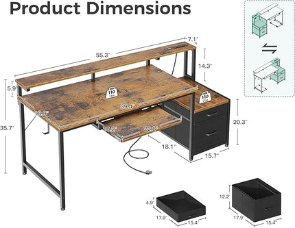 AODK Computer Desk with Drawers, 55" Office Desk with Keyboard Tray and Power Outlet, Reversible Study Work Desk with Printer Space and File Drawers Cabinet for Home Office, Vintage
