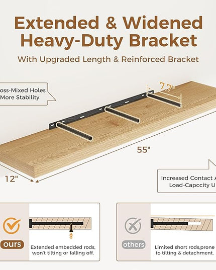 Fun Memories 55 Inch Floating Shelves, 12 Inch Deep Floating Shelf for Wall, 55 x 12 Large Floating Shelves for Fireplace Mantel, 2 Inch Thick Wall Shelf for Living Room, Bedroom, Oak Color, 1 Pack