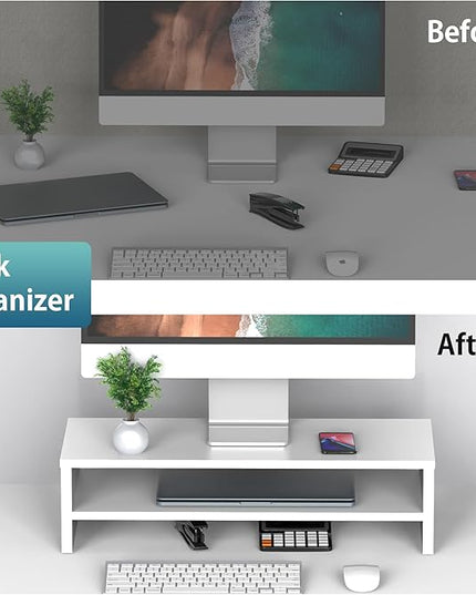 FITUEYES Monitor Stand - 2 Tier Computer Monitor Riser with 21.3 Inch Shelf, Wood Desktop Stand for Laptop Computer Screen, Desk Organization, Office Supplies
