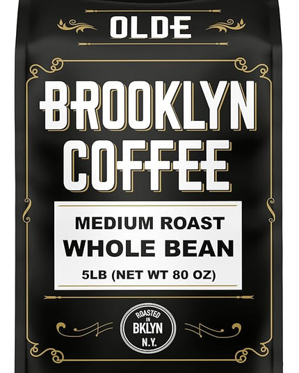 BROOKLYN COFFEE Whole Bean, Classic Medium Roast (5lb) Balanced, Smooth, Mellow - Fresh Bulk Coffee Beans Roasted Weekly in NYC