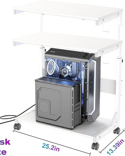 Height Adjustable Computer Tower Stand with Charge Station and USB Charging Port, 2-Tier ATX-Case Cart, Under Desk Mobile PC Stand, CPU Holder Cart with Locking Caster Wheels for Fits Most PC