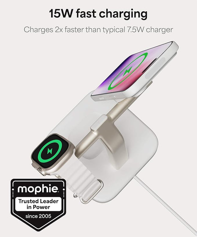 Mophie 3-in-1 Wireless Charging Stand - Qi2-Certified, MagSafe Charger for iPhone, Apple Watch & AirPods – Fast Charging Station with Adjustable Phone Stand & Cable Management – Up to 15W Power, White
