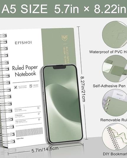 EMSHOI Lined Spiral Journal Notebook, A5 College Ruled Notebook, 300 Pages/150 Sheets, 100gsm Acid-Free Paper, Waterproof Softcover Notebook for School, Work, Note Taking, 5.7" × 8.22" - Light Green