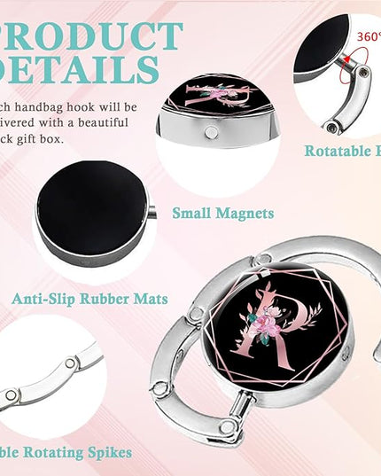 Pink Initial Foldable Purse Hook, Flower Letter Handbag Hanger, Women's Bag Hanger Hook, Round Purse Table Hook, Funny Desk Hook Gift for Family Colleague Friend Office Worker (Flower R)