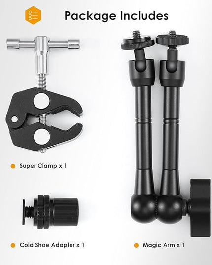 TARION Magic Arm with Super Clamp - 11in/28cm Adjustable Articulating Friction Camera Mount & Clamp with 1/4"" and 3/8"" Thread for LCD Monitor LED Light Flash Light Phone Action Cam, Black