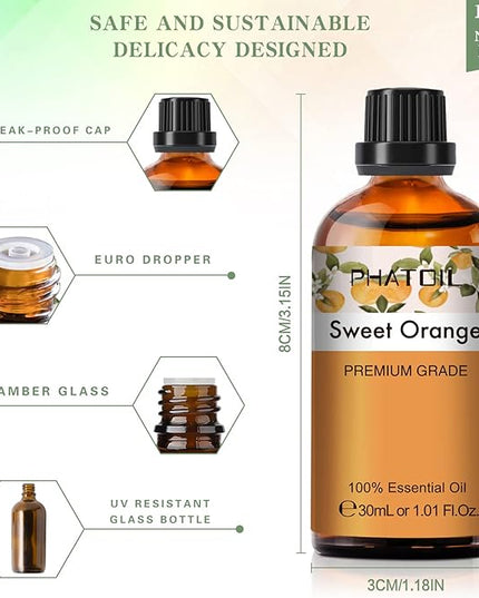 PHATOIL 30ML Sweet Orange Essential Oil, for Aromatherapy Diffusers, Humidifiers, Great for DIY Candle and Soap Making