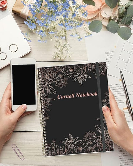 Yaridar A4 Cornell Notes Notebook - 8.5" x 11" College Spiral Cornell Notebooks for Note Taking, Subject College Ruled Steno Pads for Office School/Home, Black Flower