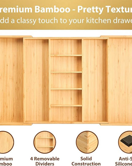 Umilife Extra Large Expandable Kitchen Drawer Organizer for Utensil and Junk, 19" Deep for Big Drawer, 19" to 33" Adjustable Bamboo Wood Drawer Divider, Cutlery Tray, Flatware Holder
