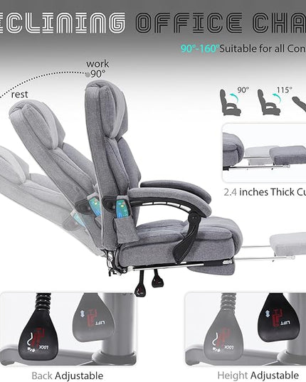 Massage Office Chair with Heat,Reclining Office Chair with Foot Rest,6 Points Vibration Home Desk Chairs for Heavy People 400lbs,Ergonomic Managerial Executive Chair (Grey)