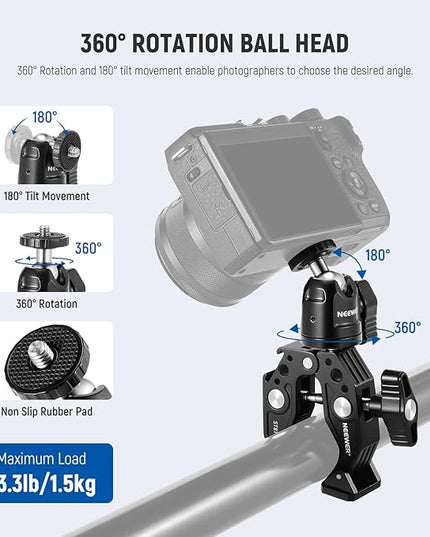 Neewer Super Clamp with Ballhead, Cold Shoe, Phone Holder and Action Camera Mount Adapter for Flat/Round Surface Compatible with GoPro DJI iPhone 15 Pro Max, ST87