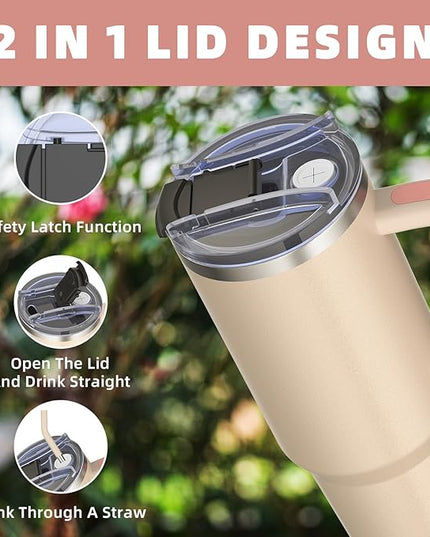 40 oz tumbler with handle and straw,Double Wall Vacuum Reusable Stainless Steel Insulated Water Bottle,With Leak Proof lid and Straw for Iced or Cold Beverages (Rose Quartz)