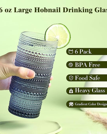 6pcs Hobnail Drinking Glasses Set, 16 oz Vintage Glassware Drinking Glasses, Gradual Gray-blue Water Glasses Tumbler, Cups for Kitchen, Juice, Beer, Cocktail, Whiskey