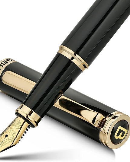 BEILUNER Black Fountain Pen,Stunning Luxury Pens with 24K Gold Accents, Gorgeous 24K Gilded Nib(Medium), Trustworthy Pen Gift for Men&Women -Ink Converter-Elegant, Reliable,Nice Pen for Writing
