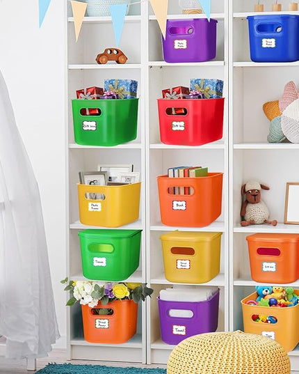 Thyle 24 Pack 7 Quarts Plastic Storage Bins for Christmas Storage with Lids Handles Colorful Stackable Desktop Box Bins with Label for Shelf Drawer,10 x 7 x 6 Inch (Brightly Colored)